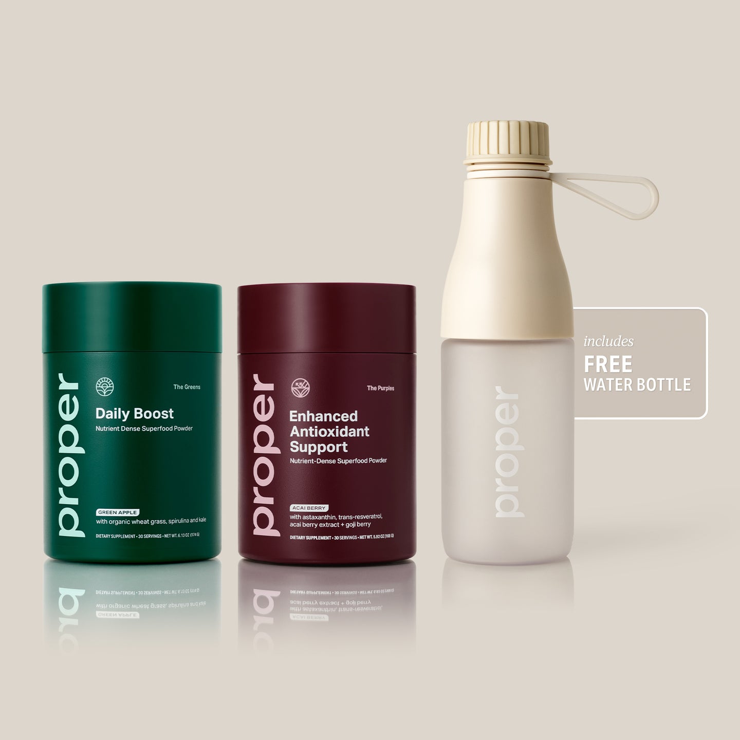 superfood powders and water bottle